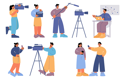 Tv news filming, interview and video report. Journalist, reporter with microphone, cameraman and presenter. Vector flat illustration of television and media professional workers