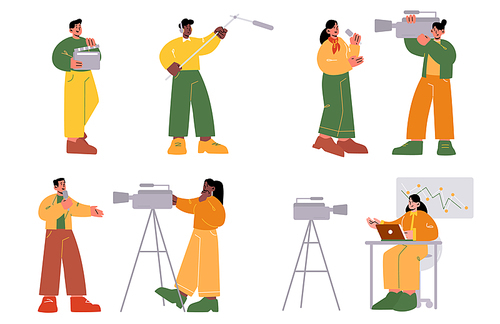 Tv professional workers, journalists, cameraman and presenters. Vector flat illustration of television and media industry, live news broadcasting, interview and video report
