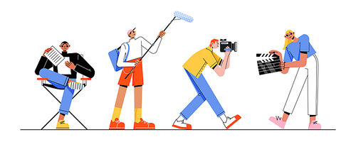 Film crew, movie production studio staff with camera, microphone and clapper. Vector flat illustration of people filmmakers, director, cameraman and assistants