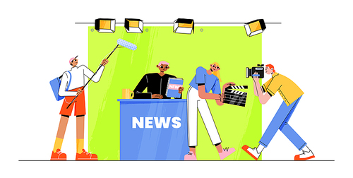 Live news in broadcasting production studio. Mass media television with male presenter character, cameraman, shooting crew, Live newscast, real time broadcasting, Line art flat vector illustration