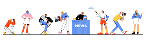 Set tv employees, professional mass media workers cameraman, videographer and journalist characters record video on camera. Presenter broadcast news, television job, Linear flat vector illustration