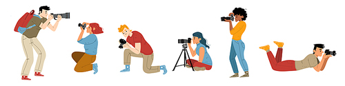 People photographers with camera take shoot in different poses. Vector flat illustration of professional cameraman, paparazzi and journalists taking photo isolated on white