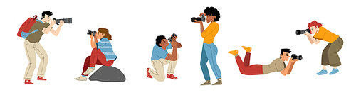 Professional photographers with cameras. Male and female characters photographing, take photo shots. People creative hobby, paparazzi or journalist profession, Line art flat vector illustration, set