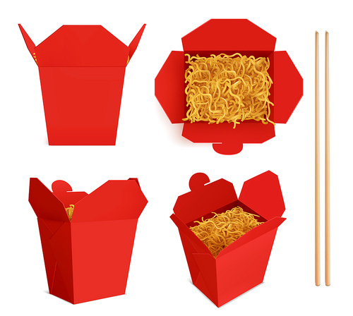 Wok box with noodles and sticks mockup, red take away food container, blank bag for chinese meal or fastfood top and front view. Paper open realistic 3d vector mock up isolated on white 