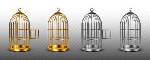 Bird cages, vintage empty birdcages of golden and silver colors, metal jails with open and closed doors isolated on transparent background. Steel and gold traps, realistic 3d vector illustration, set