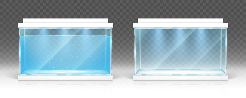 Glass aquarium with water and empty terrarium with white lids and lighting isolated on transparent . Vector realistic mockup of clear rectangular tank for fish, aquatic pet and other animals