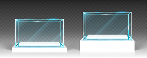 Glass showcases, display, exhibit stand, transparent boxes front view on white wood or plastic base. Crystal block, exhibition or award podium, isolated glossy object, Realistic 3d vector illustration
