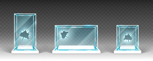 Broken glass showcases, displays, exhibit stands, transparent boxes with holes on white base front view. Damaged crystal blocks, exhibition or award podiums, isolated realistic 3d vector objects set