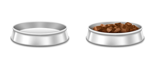 Metal pet bowls, empty and full of food plate for dog or cat. Vector realistic mockup of chrome dish with pile of meat, dry or wet feed for domestic animals isolated on white