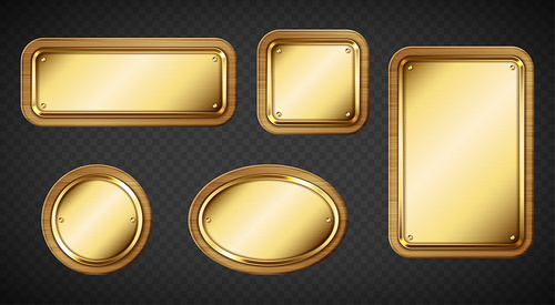 Gold name plates with wooden frame and screws isolated on transparent background. Vector realistic set of empty brass sign boards different shapes with wood border and rivets