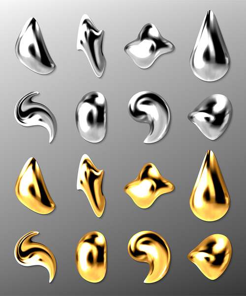 Liquid gold or silver drops, 3d abstract mercury and golden metal drips, paint, cosmetics oil, collagen capsules of different shapes, metallic texture isolated on grey background, Realistic vector set