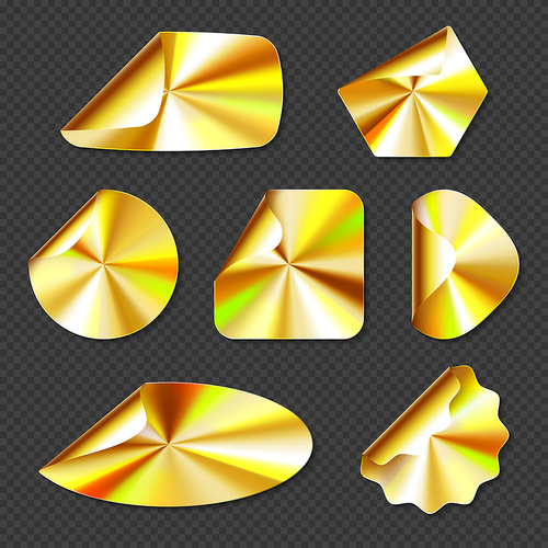 Holographic golden stickers, labels with gold gradient texture isolated on transparent background. Vector realistic set of blank hologram emblems different shapes with curved corners
