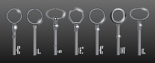 Decorative keys made of silver or steel, vintage collection for lock, door or treasure. Shiny symbols of secret, clues, security and privacy, realistic 3d vector set isolated on transparent background