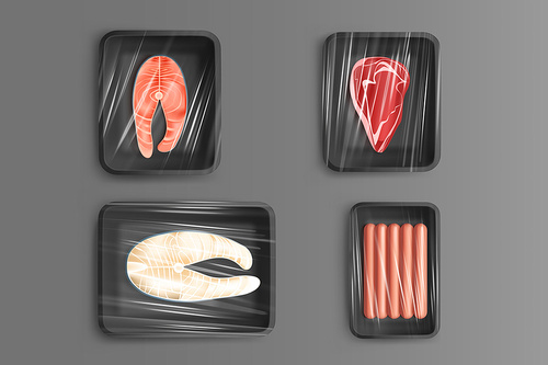 Food in plastic packages for store retail, fresh fish, meat and sausages, raw steaks of beef, salmon or halibut fillet. Isolated products design elements top view, Realistic 3d vector illustration set