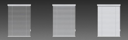 Window venetian blinds, jalousie curtains isolated on transparent . Vector realistic set of white plastic louver shades for house or office interior
