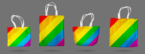 Canvas or tote bags with rainbow print made of fabric and eco linen realistic 3d vector mockup. Cloth totebag with handle, cotton reusable shopping pouch for shopper and grocery isolated template