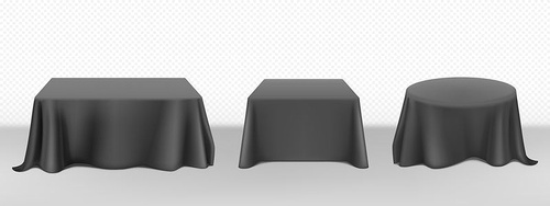 Black tablecloth on round square tables. Vector realistic mockup of empty dining desk with blank linen cloth with drapes for banquet restaurant, holiday event or dinner. Template with fabric cover
