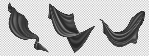 flying black silk fabric isolated on white . vector realistic set of billowing velvet clothes, curtains or scarf in blowing wind. luxury black textile drapery, flowing satin tissue