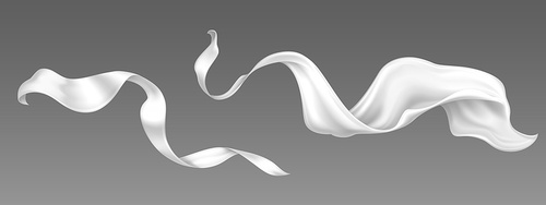 Flying white silk ribbon and satin fabric. Vector realistic set of billowing velvet clothes, scarf or cape in blowing wind. Luxury white textile drapery, flowing tissue isolated on grey
