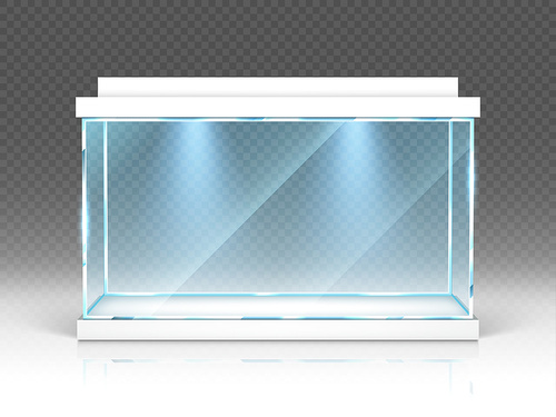 Aquarium glass box, terrarium with backlight isolated on transparent background. Empty illuminated tank for water and fishes, exhibition showcase, interior decoration, Realistic 3d vector illustration