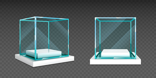 Glass cube box on white stand. Empty clear square showcase on podium in front and angle view. Vector realistic mockup of 3d acrylic or plexiglass box for exhibit isolated on transparent 