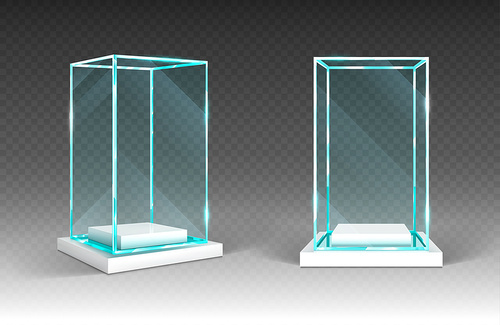 Glass showcase, display, exhibit stand, transparent box front and angle view on wood or plastic base. Crystal block, exhibition or award podium, glossy isolated object Realistic 3d vector illustration