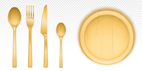 Wooden cutlery and round tray for pizza in restaurant or canteen. Vector realistic set of flatware and circle plate. Fork, spoons, knife and dish from wood or bamboo isolated on transparent background
