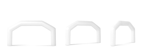 White inflatable arch for sport events, race, marathon, run or triathlon. Vector realistic set of blank balloon tubes for start and finish display or sponsorship advertising front and angle view