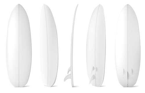 White surfboard front, side and back view. Vector realistic mockup of blank long board for summer beach activity, surfing on sea waves. Leisure sport equipment isolated on white 
