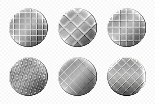 Nails heads top view, steel metal pins with checkered ornament, spikes hardware grey caps with grooves, new hobnails isolated on transparent background. Realistic 3d vector illustration, icons set