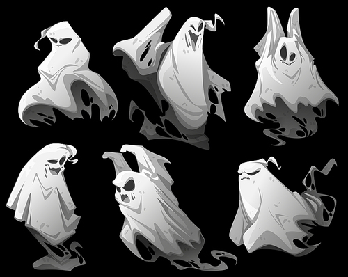 Ghosts, cartoon Halloween characters. Funny spooks creatures different emotions set. Spooky spirits emoji smiling, yelling, say boo. Fantasy monsters, horror, phantom personages, Vector illustration
