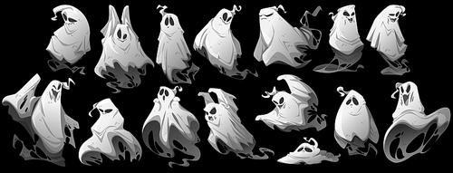 halloween set with ghost characters with different emotions isolated on black . vector cartoon illustration of flying white phantom, spooky spirit smiling, scare, happy, surprised and angry