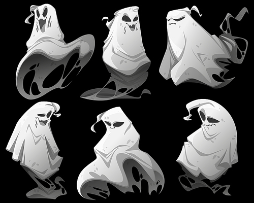 spooky ghosts, spirits, scary halloween characters isolated on black . vector cartoon illustration of flying white phantom smiling, happy and angry