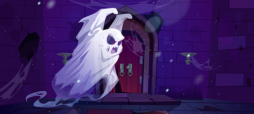 Haunted old castle with ghost, broken wooden door and stone wall. Vector cartoon illustration of abandoned medieval gungeon with spooky angry spirit at night