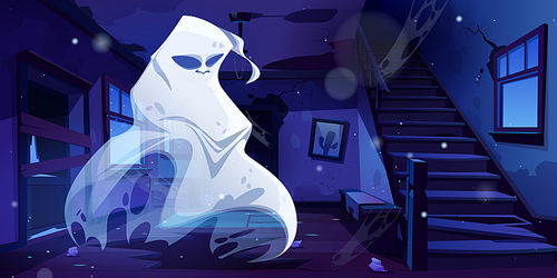 Old haunted house hallway at night. Ghost in abandoned home with mess, garbage and broken furniture. Vector cartoon interior with boarded up door, wooden staircase and spooky spirit