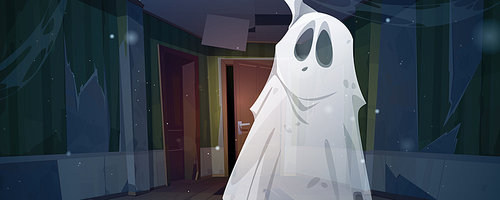 Old haunted house hallway at night. Ghost in abandoned home with mess and dust. Vector cartoon interior with closed doors, torn wallpaper and ceiling, spooky spirit