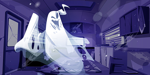 Ghost in abandoned camping trailer car interior. Cartoon Halloween character inside of old Rv motor home with broken furniture, spider webs at night. Funny spook, fantasy monster, Vector illustration