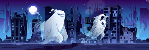 Spooky ghosts in destroyed abandoned city at night. Cartoon Halloween characters floating along street with broken buildings under full moon. Funny phantom creatures, spooks, Vector illustration