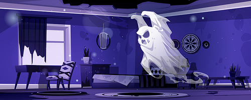 Ghost in night abandoned bedroom. Scary spook cartoon Halloween character, fantasy monster, spooky spirit personages say boo. Horror, phantom creature in old haunted house, Vector illustration