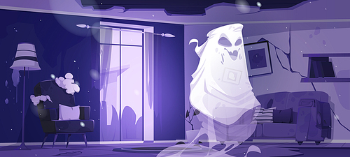 Ghost in night abandoned living room. Funny spook cartoon Halloween character, fantasy monster, spooky spirit personages say boo. Horror, phantom creature in old haunted house, Vector illustration