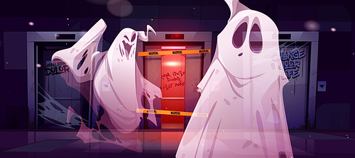 Ghosts in old dirty hallway with broken elevator at night. Vector cartoon dark lobby interior with lift doors, graffiti on wall and spooky spirits in abandoned haunted house