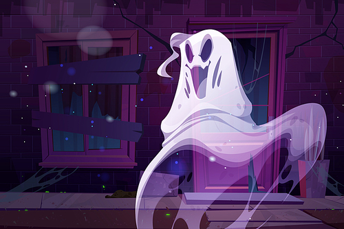 Spooky ghost at haunted house facade with boarded up windows and broken walls. Cartoon Halloween character floating at night street with broken building. Funny yelling spook, Vector illustration