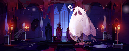 Ghost in night abandoned castle hall with thrones. Funny spook cartoon Halloween character, fantasy monster, spooky spirit personage with sad face in old haunted palace interior, Vector illustration