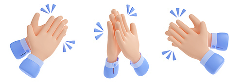 3D illustration set of hands applauding isolated on white. Human palms with clapping sound effect design. Gesture symbolizing success, congratulation, celebration, excitement, approval