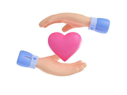 3D illustration of hands with heart isolated on white. Human character palms holding symbol of love, health care, help, donation and kindness. Illustration for support and charity project