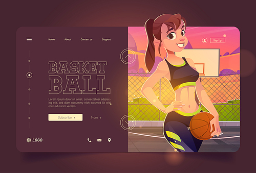 Basketball banner with beautiful girl player with ball on court. Vector landing page of sport game with cartoon illustration of happy woman with ball on sport ground with hoop at sunset