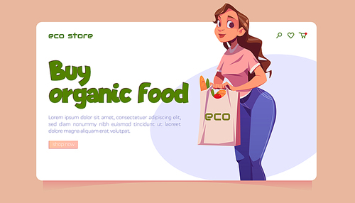 Eco store website. Online market with local organic food. Vector landing page of shop with healthy ecological products with cartoon illustration of woman seller with vegetables and bread in bag