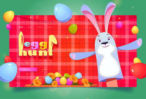 Egg hunt banner. Concept of Easter celebration, spring holiday event. Vector landing page with cartoon illustration of bunny puppet on hand, colorful eggs in green grass on background of tartan plaid