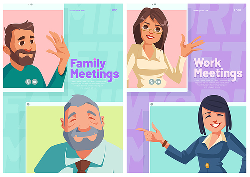 Family or work online meeting cartoon posters. People group conference, relatives, business characters, office employees video call, workers webcam remote chat on device screens, vector concept