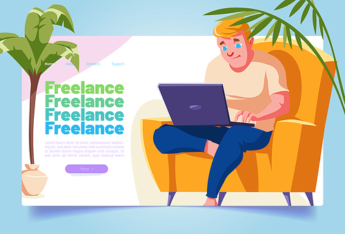 Freelance banner. Concept of work at home office, online business, remote job. Vector landing page of distance work with cartoon illustration of man sitting in chair with laptop